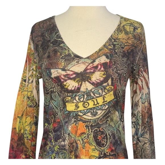 Y2K Tattoo Butterfly Soul Top Vibrant Multicolored Boho Grunge Ribbed Size M/L - Picture 5 of 8